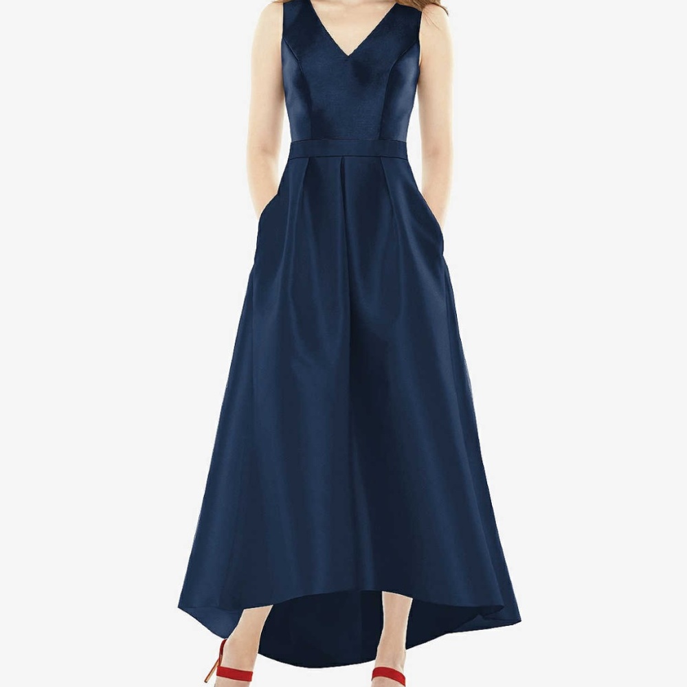 NWT Alfred Sung D723 midnight navy high-low v-neck bridesmaid dress with pockets